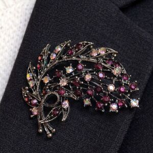 Vintage Aurora Borealis Rhinestone Floral Spray Brooch Gunmetal Statement Pin 2"